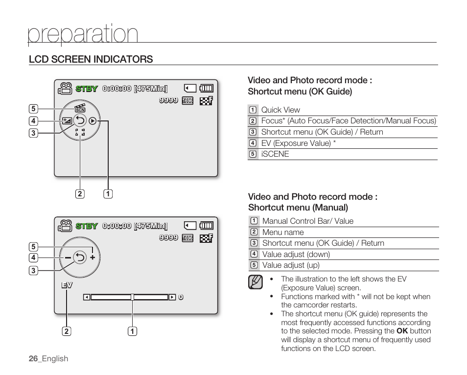 Preparation, Lcd screen indicators | Samsung SMX-K40LN-XAA User Manual | Page 40 / 142