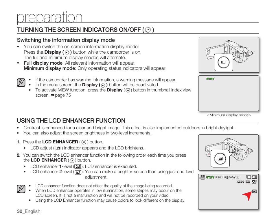 Turning the screen indicators on/off ( ), Using the lcd enhancer function, Preparation | Turning the screen indicators on/off, Switching the information display mode | Samsung SMX-K40LN-XAA User Manual | Page 44 / 142