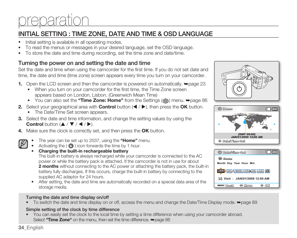 Preparation, Turning the power on and setting the date and time | Samsung SMX-K40LN-XAA User Manual | Page 48 / 142