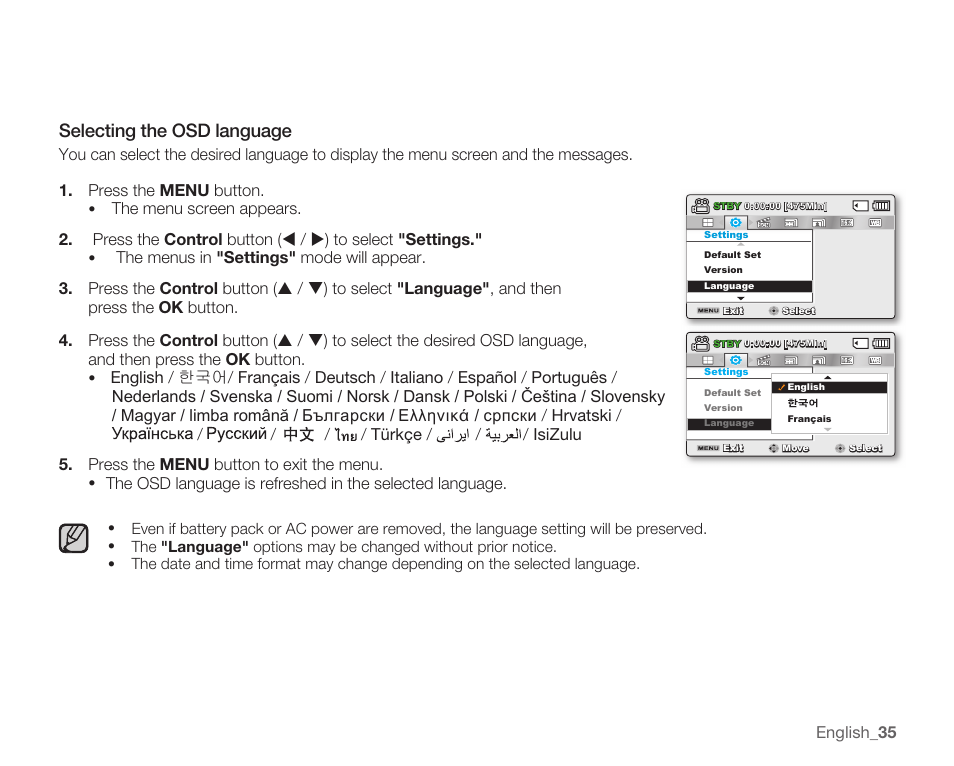 Selecting the osd language | Samsung SMX-K40LN-XAA User Manual | Page 49 / 142