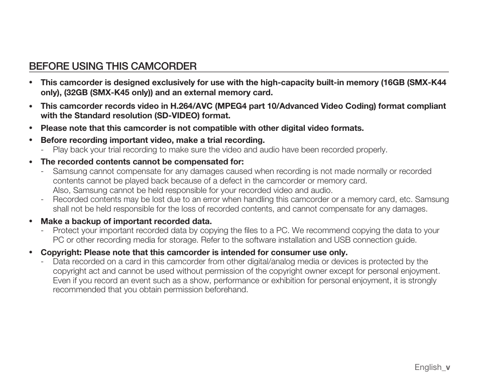 Before using this camcorder | Samsung SMX-K40LN-XAA User Manual | Page 5 / 142