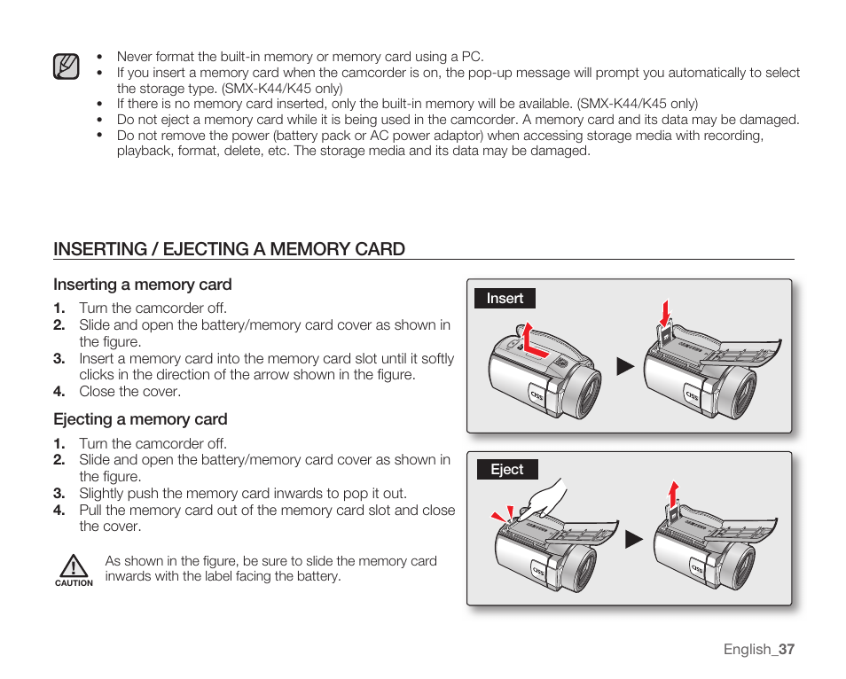 Inserting / ejecting a memory card | Samsung SMX-K40LN-XAA User Manual | Page 51 / 142