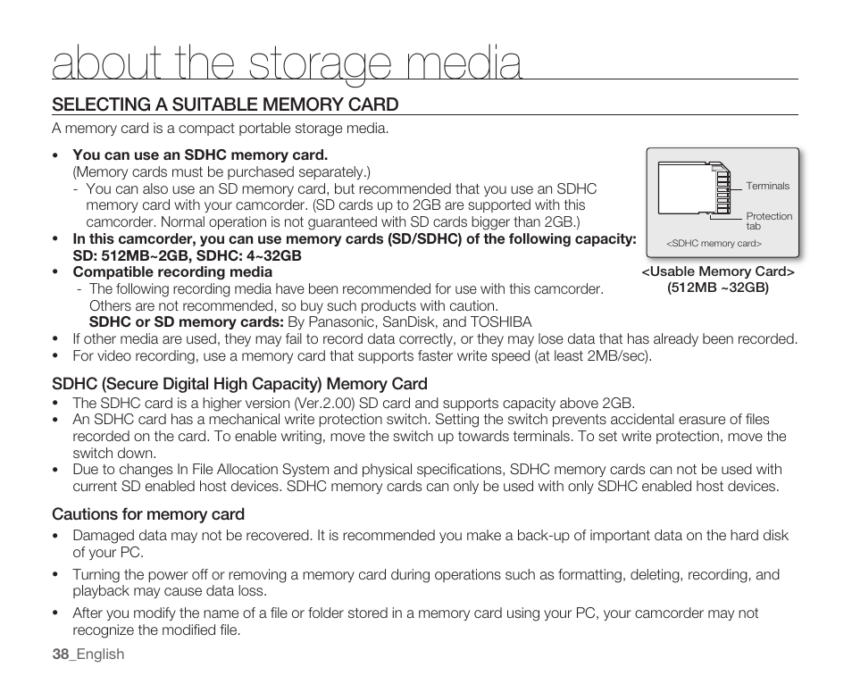 Selecting a suitable memory card, About the storage media | Samsung SMX-K40LN-XAA User Manual | Page 52 / 142