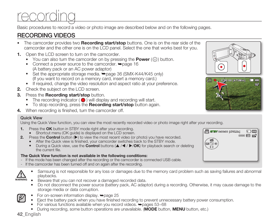 Recording, Recording videos | Samsung SMX-K40LN-XAA User Manual | Page 56 / 142
