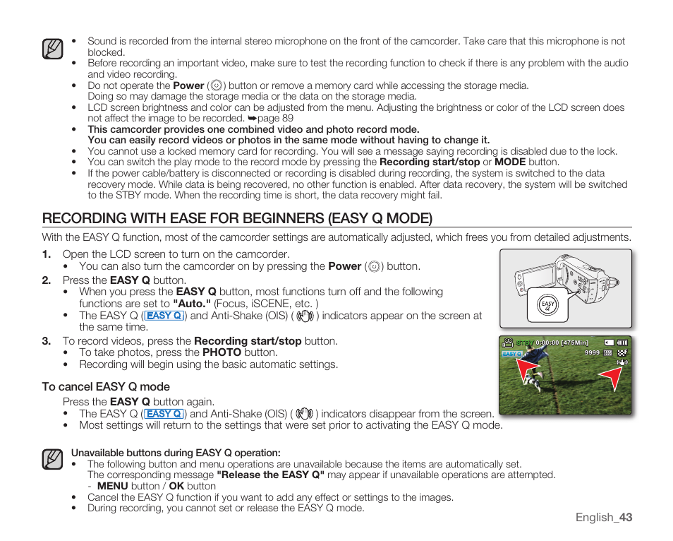 Recording with ease for beginners (easy q mode) | Samsung SMX-K40LN-XAA User Manual | Page 57 / 142