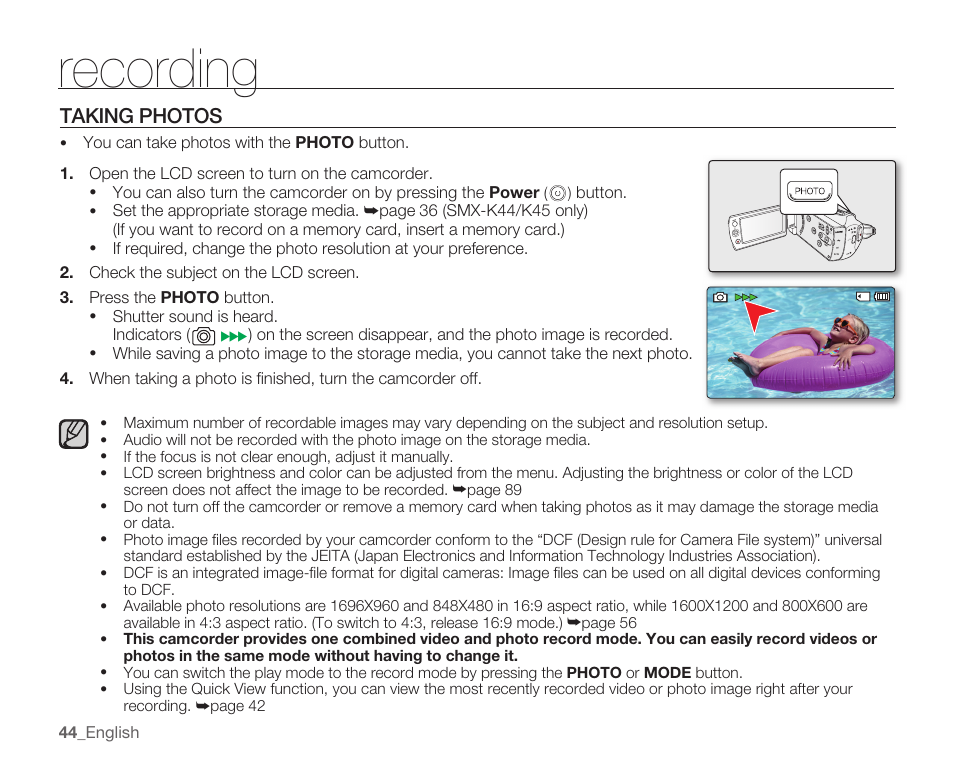 Taking photos, Recording | Samsung SMX-K40LN-XAA User Manual | Page 58 / 142