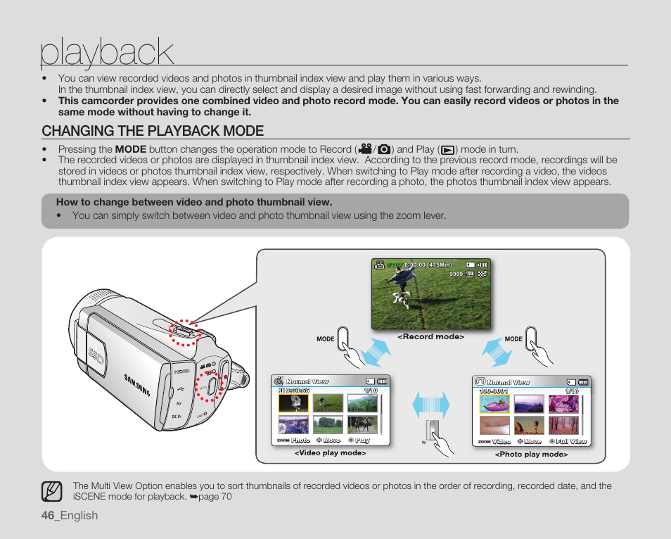 Playback, Changing the playback mode | Samsung SMX-K40LN-XAA User Manual | Page 60 / 142