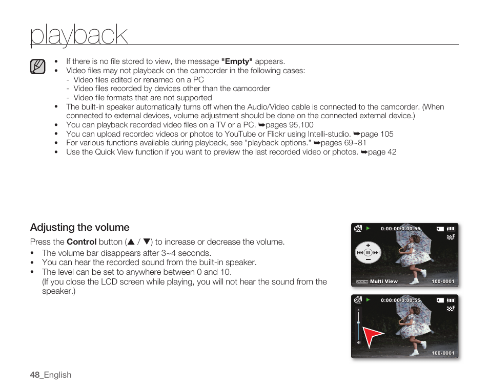 Playback, Adjusting the volume | Samsung SMX-K40LN-XAA User Manual | Page 62 / 142