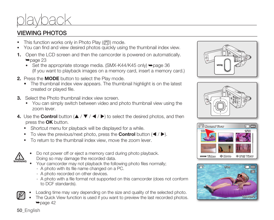 Viewing photos, Playback | Samsung SMX-K40LN-XAA User Manual | Page 64 / 142