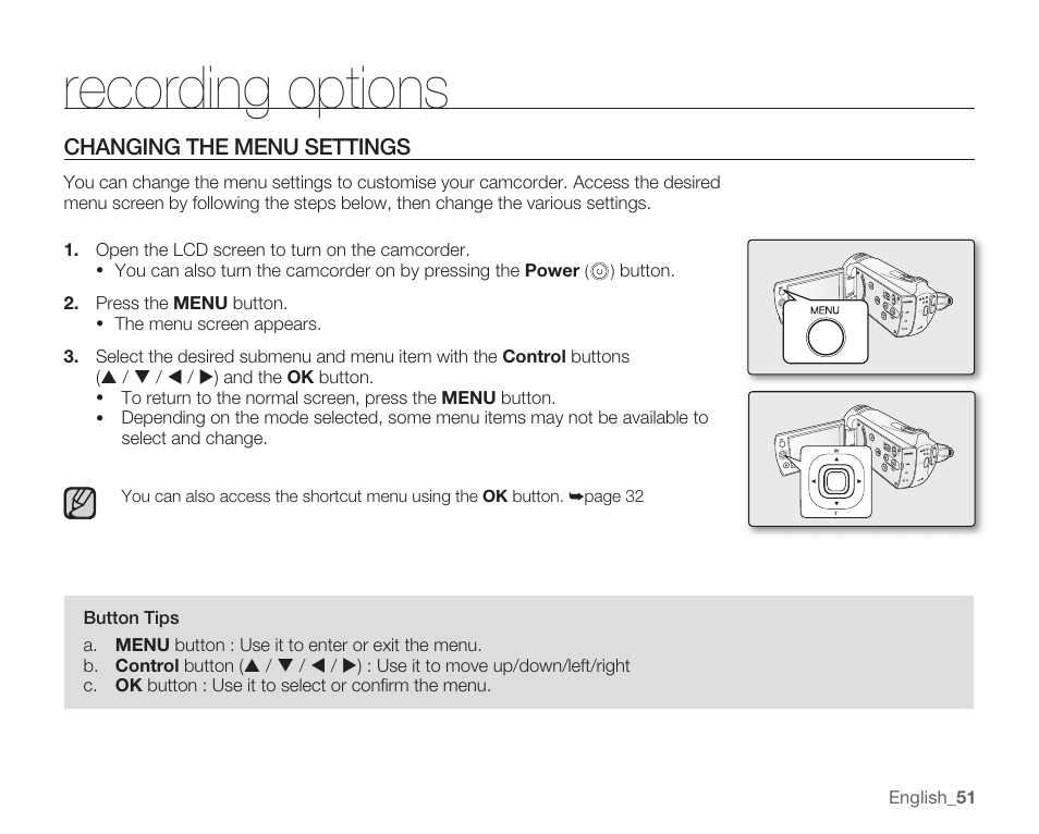 Recording options, Changing the menu settings | Samsung SMX-K40LN-XAA User Manual | Page 65 / 142