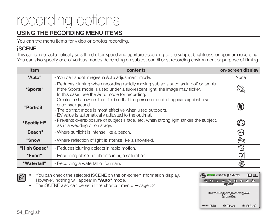 Using the recording menu items, Iscene, Recording options | Samsung SMX-K40LN-XAA User Manual | Page 68 / 142