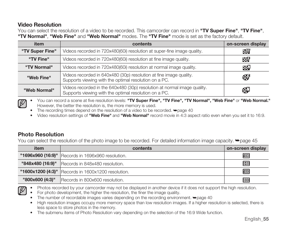 Video resolution, Photo resolution | Samsung SMX-K40LN-XAA User Manual | Page 69 / 142