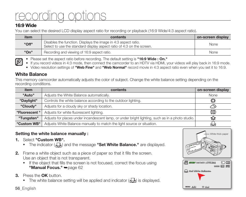 9 wide, White balance, Recording options | Samsung SMX-K40LN-XAA User Manual | Page 70 / 142