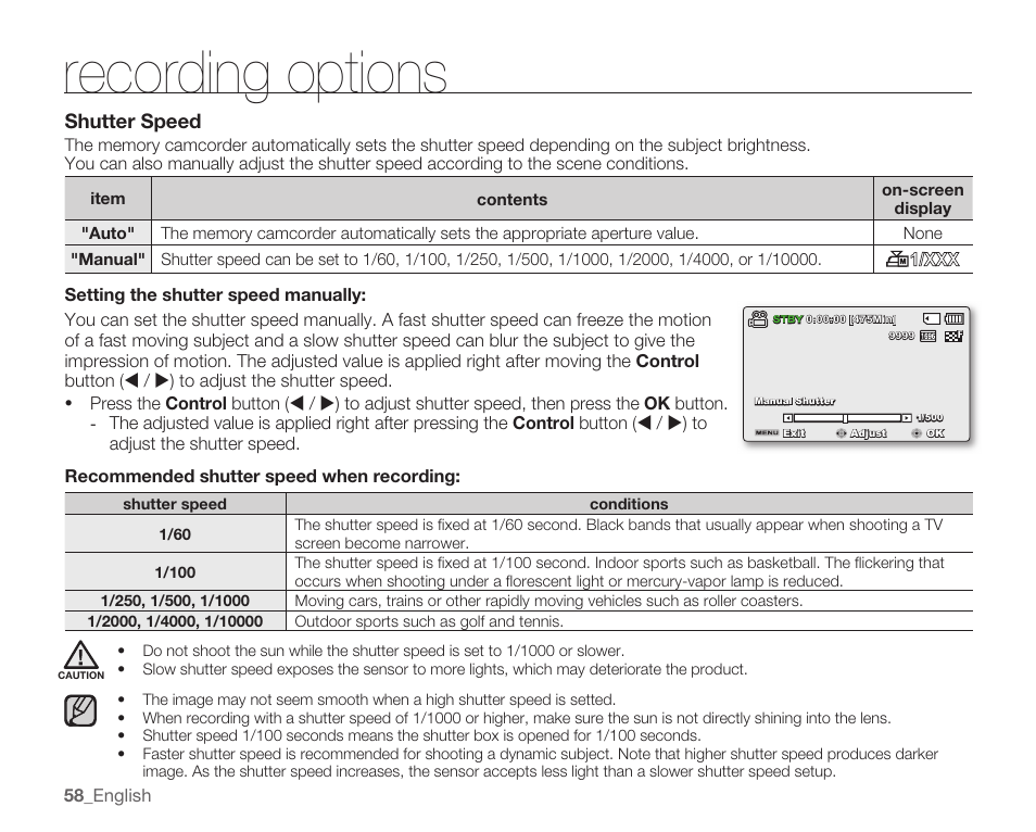 Shutter speed, Recording options | Samsung SMX-K40LN-XAA User Manual | Page 72 / 142