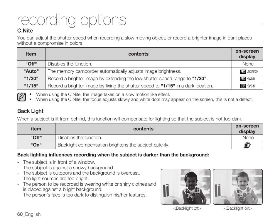 C.nite, Back light, Recording options | Samsung SMX-K40LN-XAA User Manual | Page 74 / 142