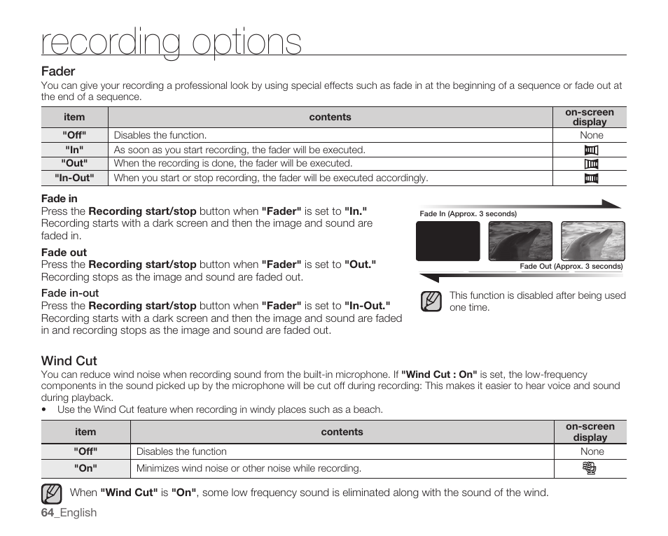 Fader, Wind cut, Recording options | Samsung SMX-K40LN-XAA User Manual | Page 78 / 142