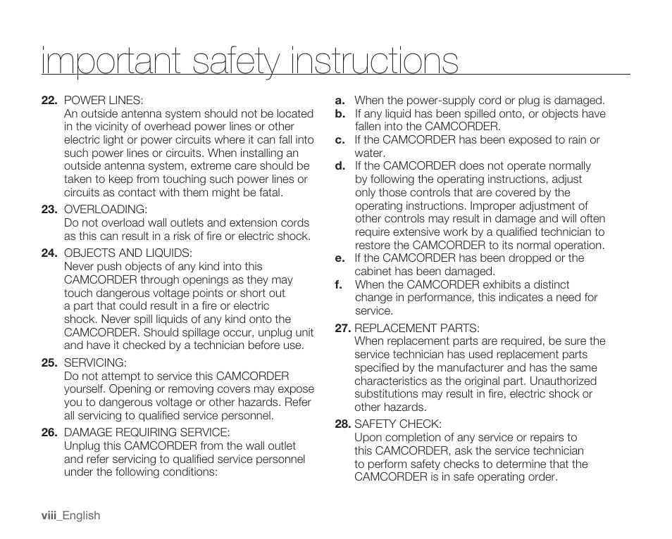 Important safety instructions | Samsung SMX-K40LN-XAA User Manual | Page 8 / 142