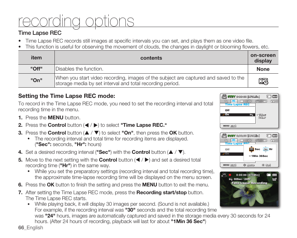 Time lapse rec, Recording options, Settingthetimelapserecmode | Samsung SMX-K40LN-XAA User Manual | Page 80 / 142