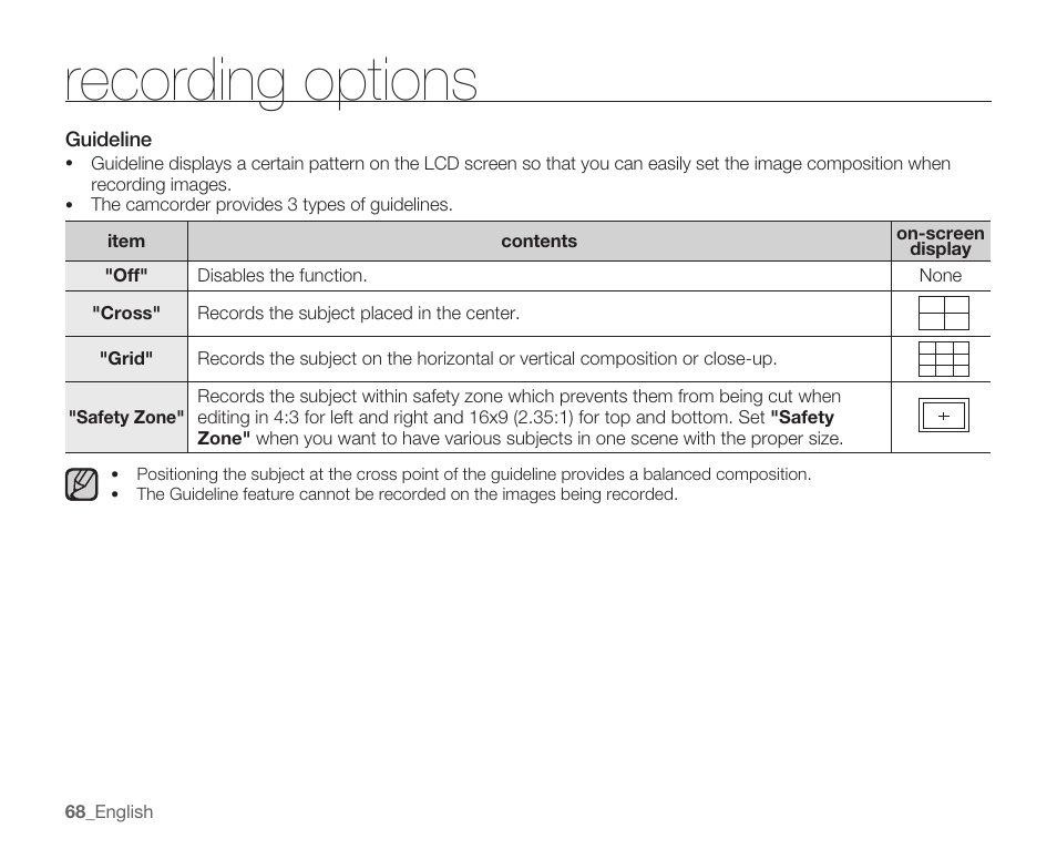 Guideline, Recording options | Samsung SMX-K40LN-XAA User Manual | Page 82 / 142