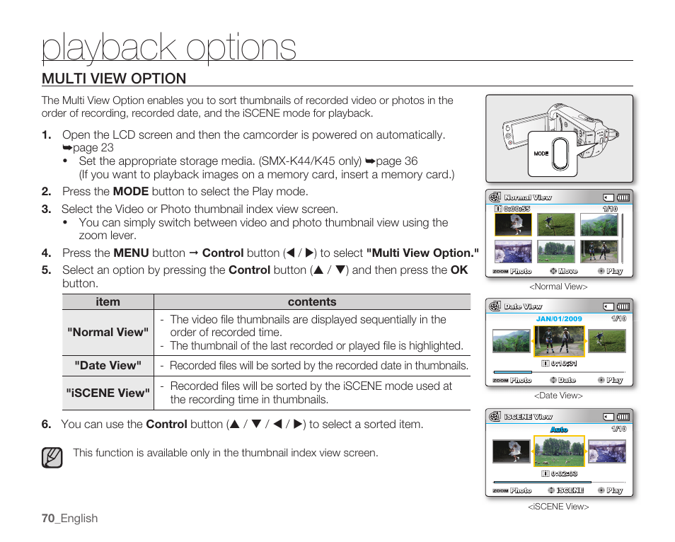 Multi view option, Playback options | Samsung SMX-K40LN-XAA User Manual | Page 84 / 142