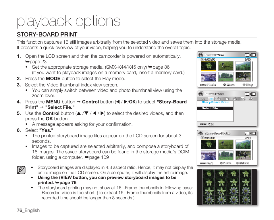 Story-board print, Playback options | Samsung SMX-K40LN-XAA User Manual | Page 90 / 142
