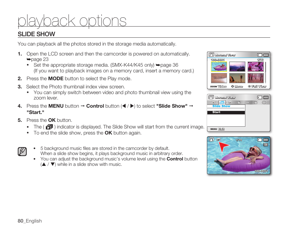 Slide show, Playback options | Samsung SMX-K40LN-XAA User Manual | Page 94 / 142