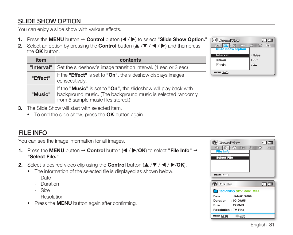 Slide show option, File info, Slide show | Option | Samsung SMX-K40LN-XAA User Manual | Page 95 / 142