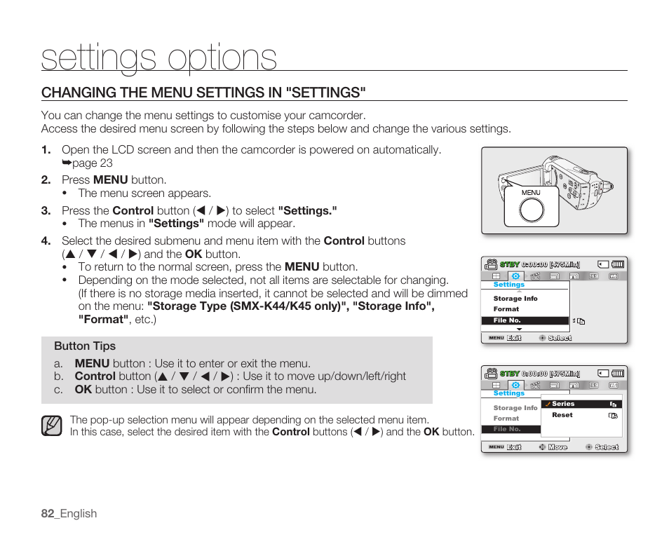 Settings options, Changing the menu settings in "settings | Samsung SMX-K40LN-XAA User Manual | Page 96 / 142