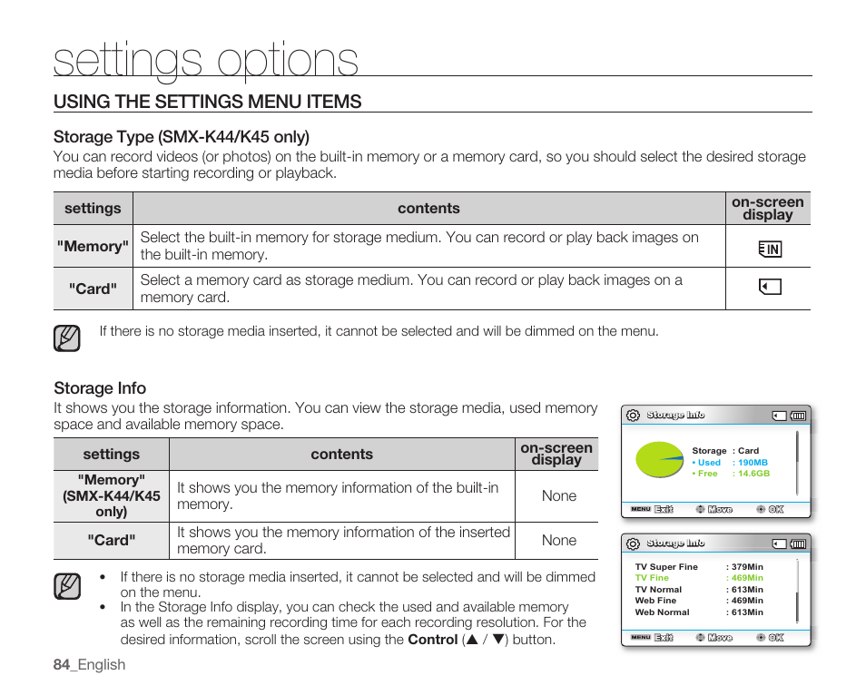 Using the settings menu items, Storage type (smx-k44/k45 only), Storage info | Settings options, Storage, Type, Smx-k44/k45 only) | Samsung SMX-K40LN-XAA User Manual | Page 98 / 142