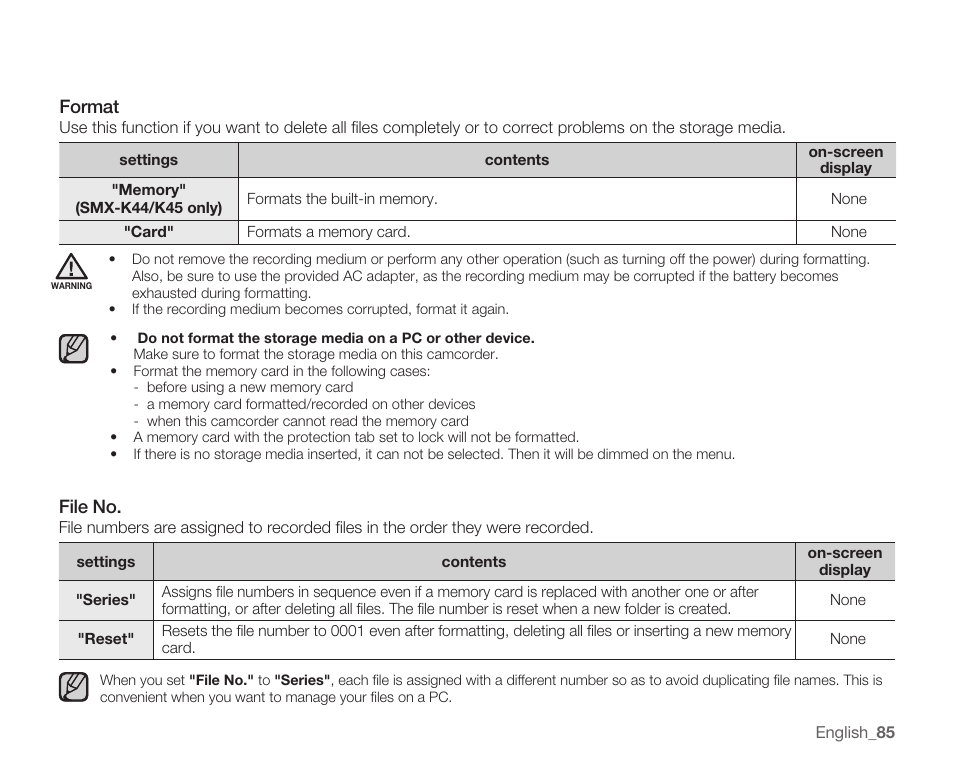 Format, File no | Samsung SMX-K40LN-XAA User Manual | Page 99 / 142