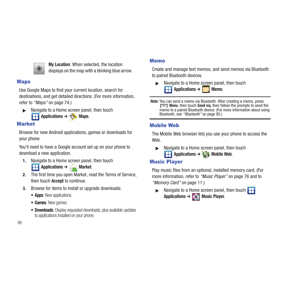 Maps, Market, Memo | Mobile web, Music player, Maps market memo mobile web music player | Samsung SCH-R915ZKACRI User Manual | Page 100 / 165