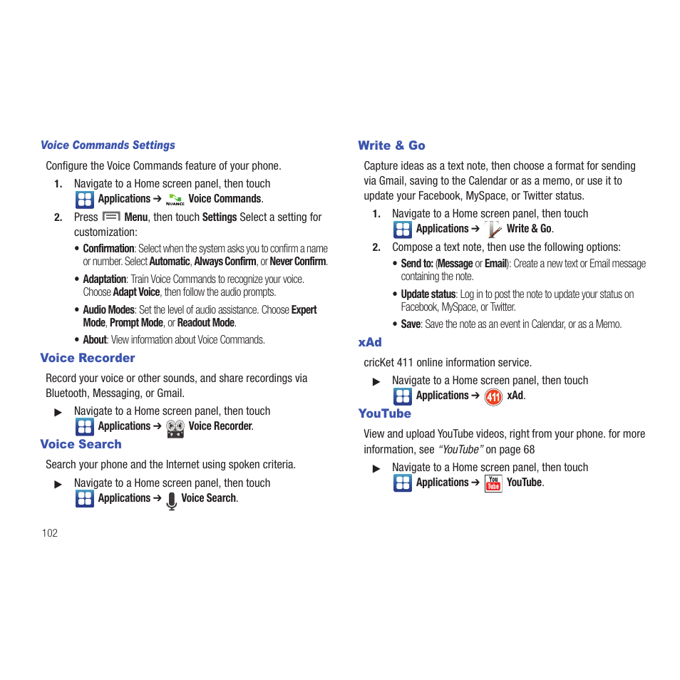 Voice commands settings, Voice recorder, Voice search | Write & go, Youtube, Voice recorder voice search write & go xad youtube | Samsung SCH-R915ZKACRI User Manual | Page 106 / 165