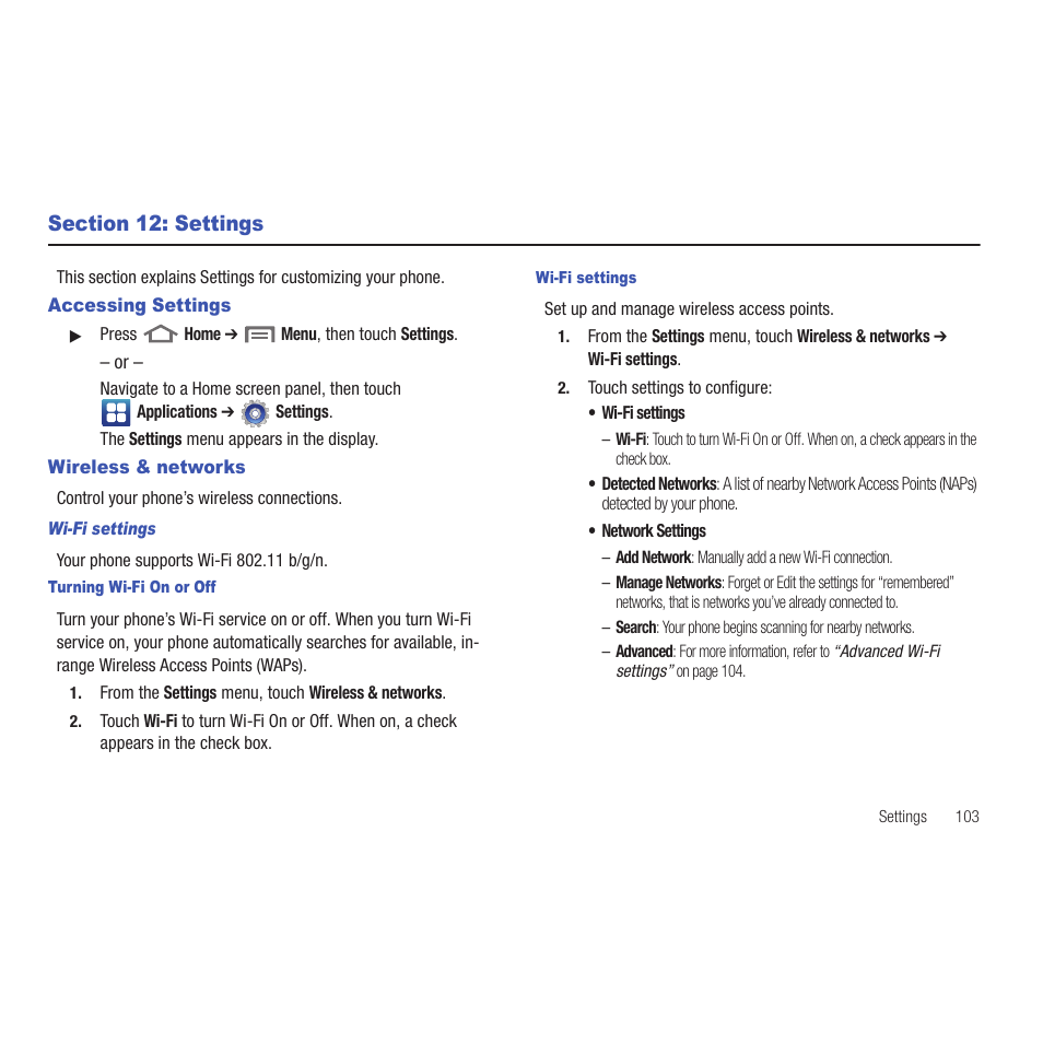 Section 12: settings, Accessing settings, Wireless & networks | Wi-fi settings, Turning wi-fi on or off, Accessing settings wireless & networks | Samsung SCH-R915ZKACRI User Manual | Page 107 / 165