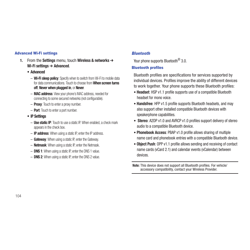 Advanced wi-fi settings, Bluetooth, Bluetooth profiles | Samsung SCH-R915ZKACRI User Manual | Page 108 / 165