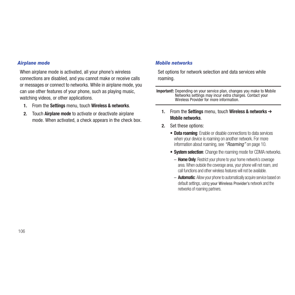 Airplane mode, Mobile networks | Samsung SCH-R915ZKACRI User Manual | Page 110 / 165