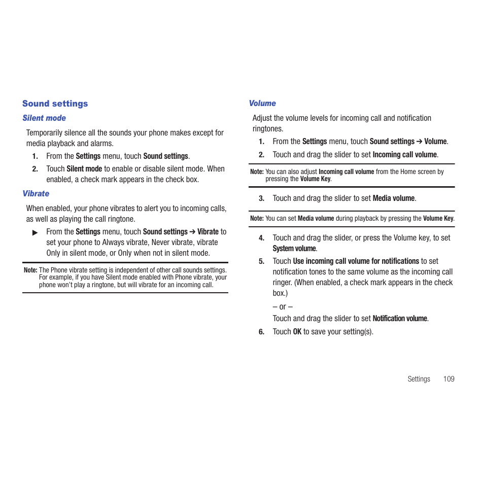 Sound settings, Silent mode, Vibrate | Volume | Samsung SCH-R915ZKACRI User Manual | Page 113 / 165