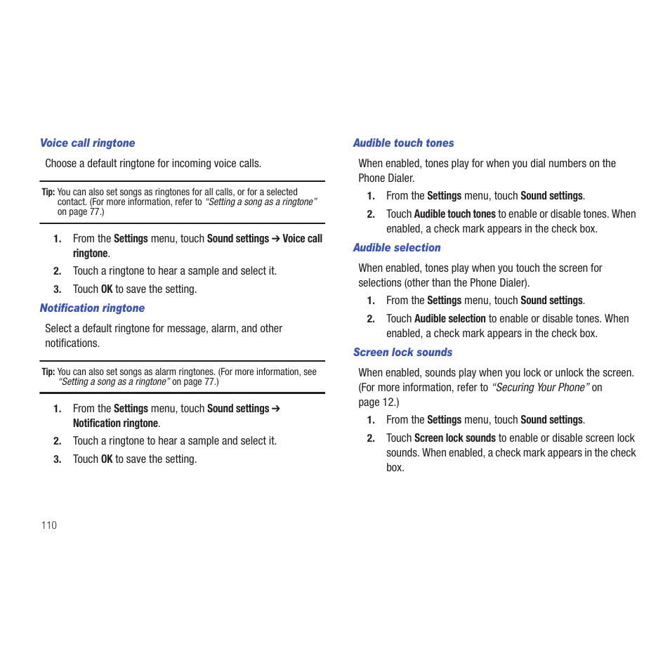Voice call ringtone, Notification ringtone, Audible touch tones | Audible selection, Screen lock sounds | Samsung SCH-R915ZKACRI User Manual | Page 114 / 165