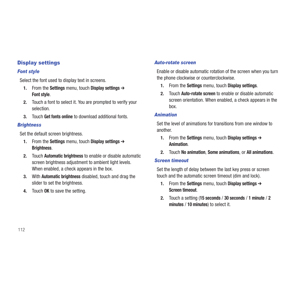 Display settings, Font style, Brightness | Auto-rotate screen, Animation, Screen timeout | Samsung SCH-R915ZKACRI User Manual | Page 116 / 165