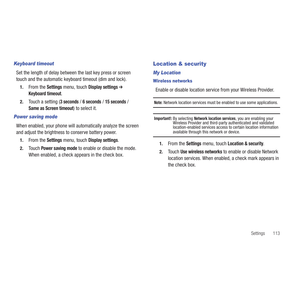 Keyboard timeout, Power saving mode, Location & security | My location, Wireless networks | Samsung SCH-R915ZKACRI User Manual | Page 117 / 165