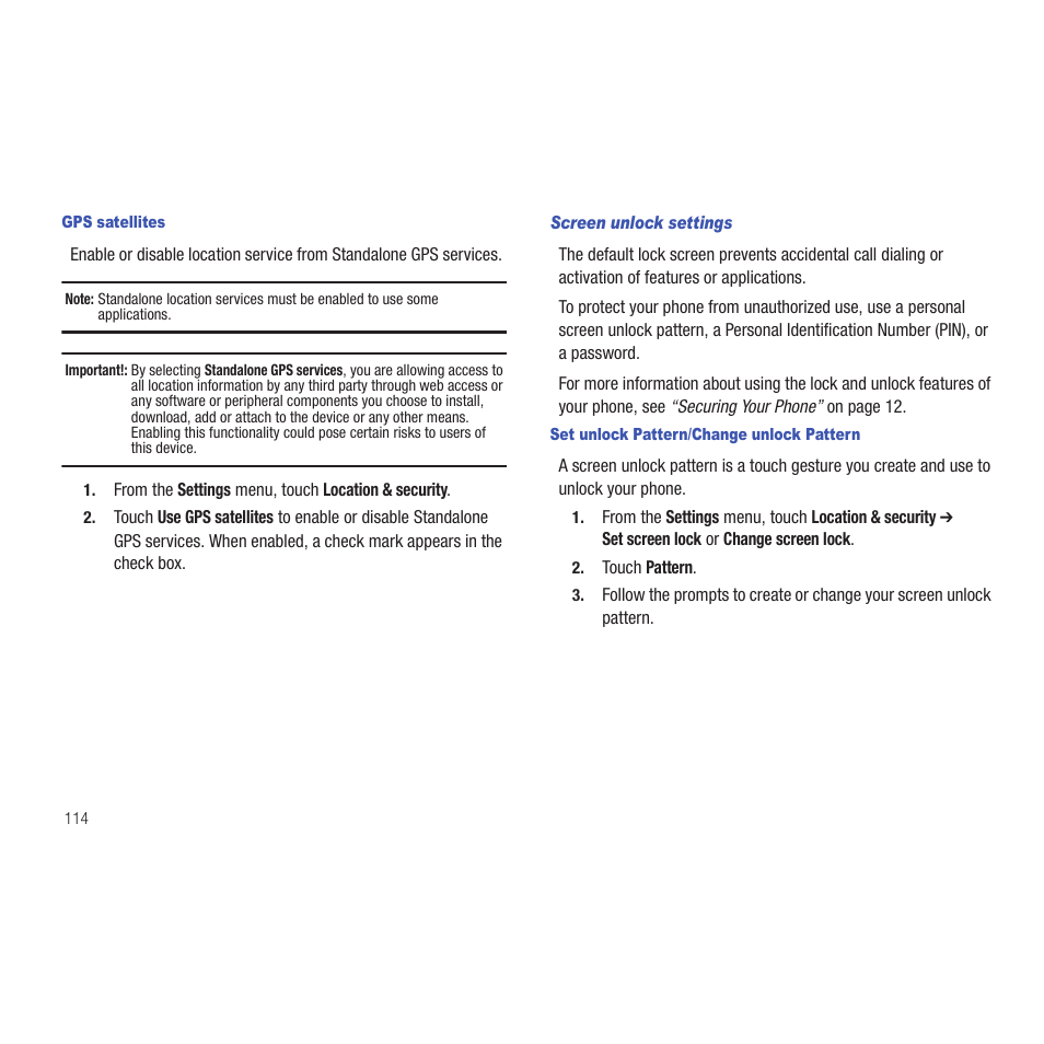 Gps satellites, Screen unlock settings, Set unlock pattern/change unlock pattern | Samsung SCH-R915ZKACRI User Manual | Page 118 / 165