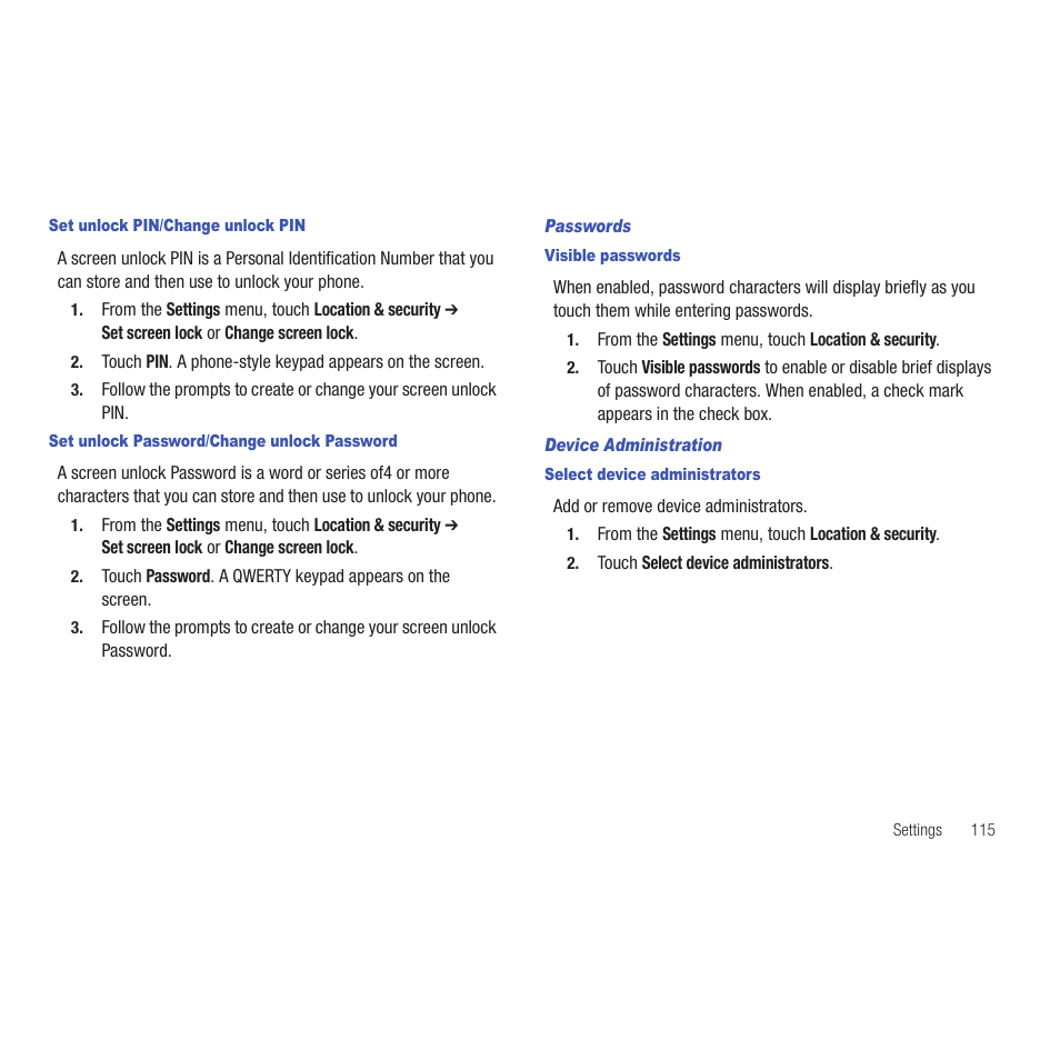Set unlock pin/change unlock pin, Set unlock password/change unlock password, Passwords | Visible passwords, Device administration, Select device administrators | Samsung SCH-R915ZKACRI User Manual | Page 119 / 165