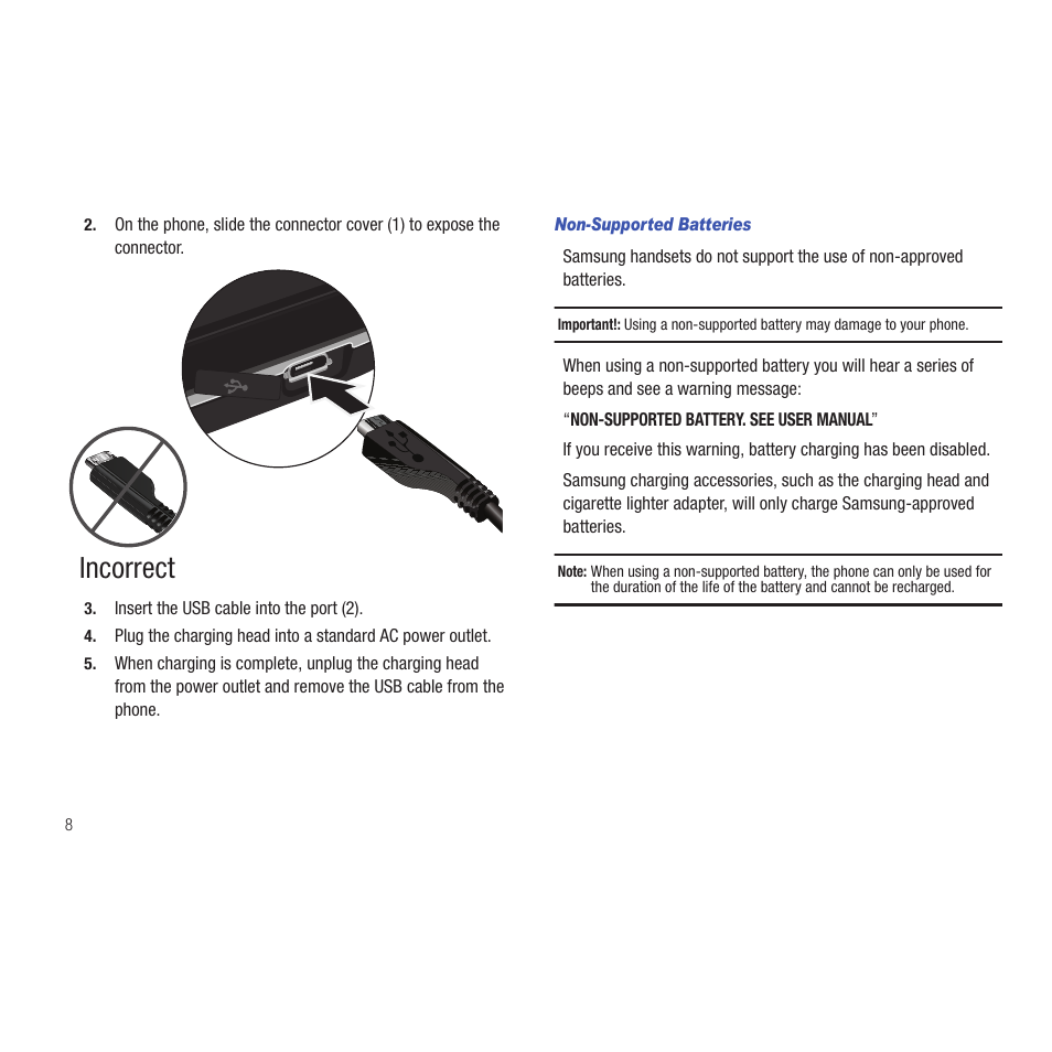 Non-supported batteries, Incorrect | Samsung SCH-R915ZKACRI User Manual | Page 12 / 165
