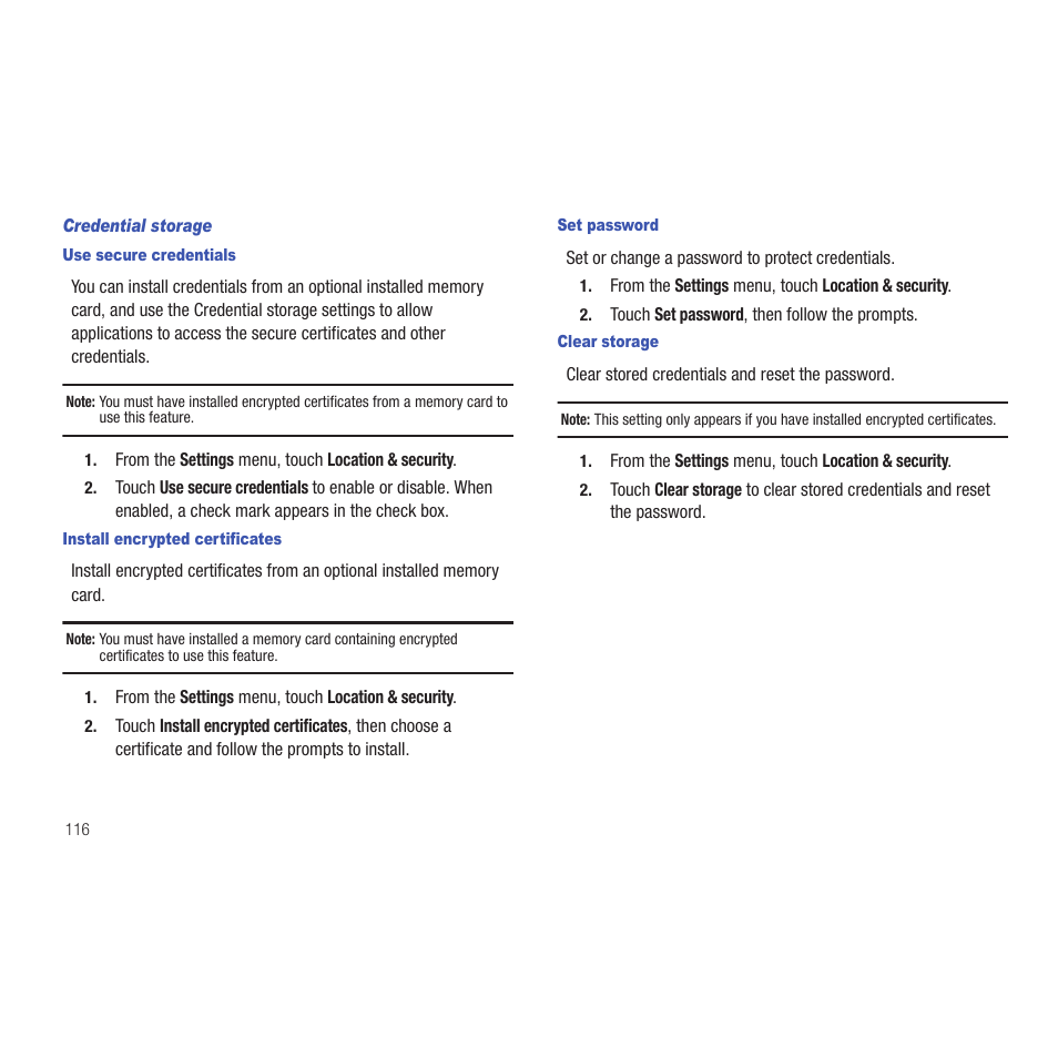 Credential storage, Use secure credentials, Install encrypted certificates | Set password, Clear storage | Samsung SCH-R915ZKACRI User Manual | Page 120 / 165