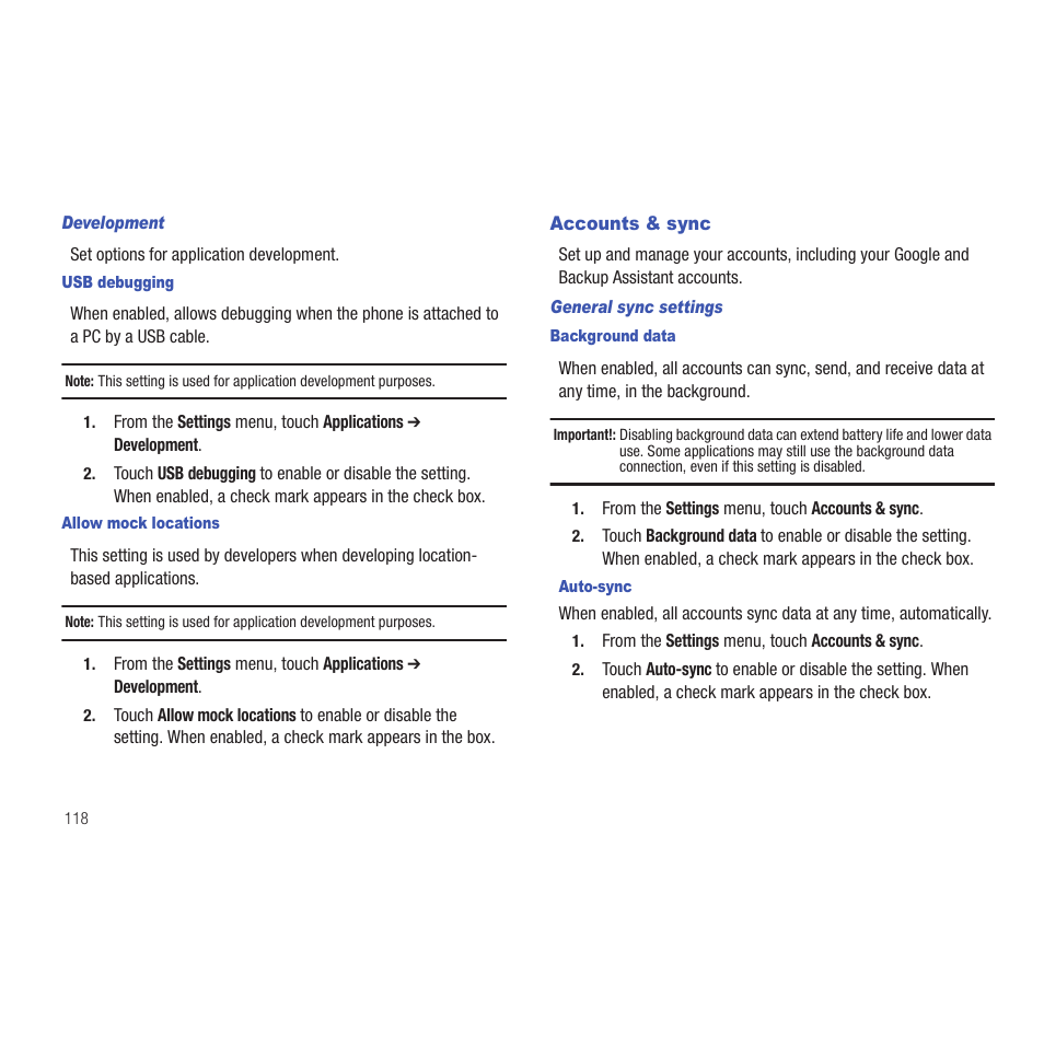 Development, Usb debugging, Allow mock locations | Accounts & sync, General sync settings, Background data | Samsung SCH-R915ZKACRI User Manual | Page 122 / 165