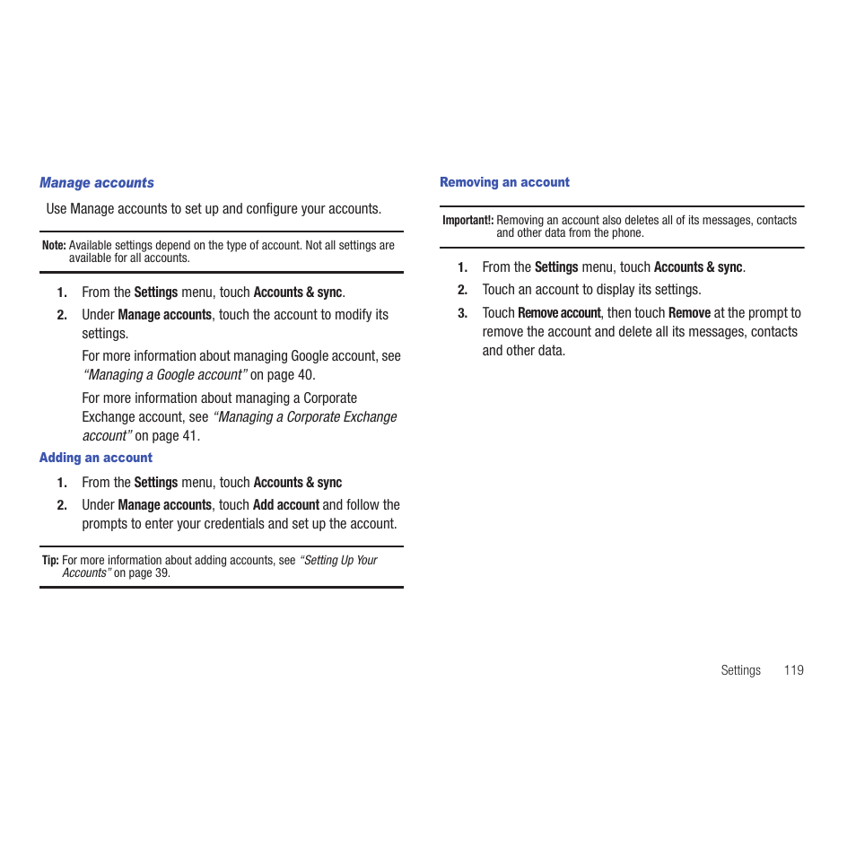 Manage accounts, Adding an account, Removing an account | Samsung SCH-R915ZKACRI User Manual | Page 123 / 165