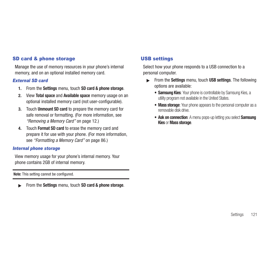 Sd card & phone storage, External sd card, Internal phone storage | Usb settings, Sd card & phone storage usb settings | Samsung SCH-R915ZKACRI User Manual | Page 125 / 165