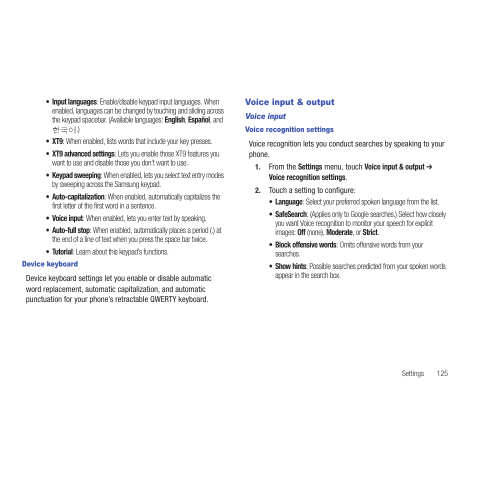 Device keyboard, Voice input & output, Voice input | Voice recognition settings | Samsung SCH-R915ZKACRI User Manual | Page 129 / 165
