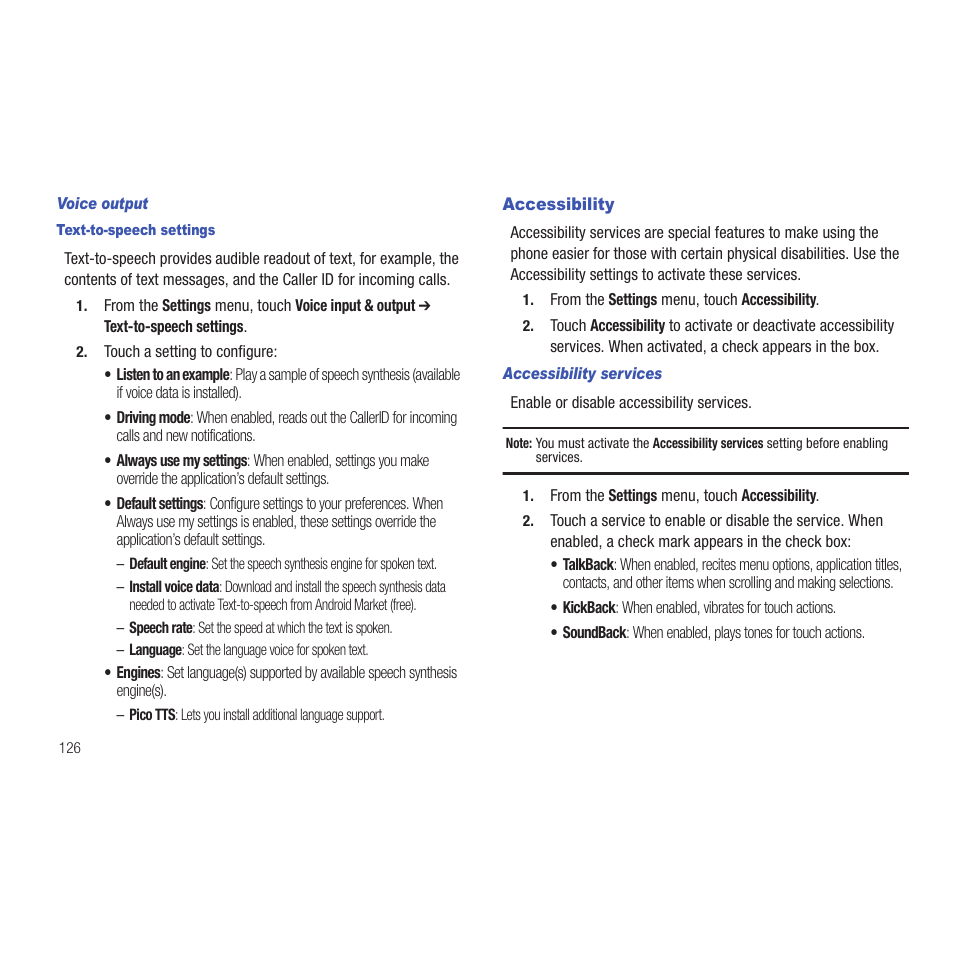 Voice output, Text-to-speech settings, Accessibility | Accessibility services | Samsung SCH-R915ZKACRI User Manual | Page 130 / 165