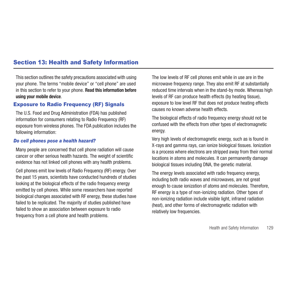 Section 13: health and safety information, Exposure to radio frequency (rf) signals, Do cell phones pose a health hazard | Samsung SCH-R915ZKACRI User Manual | Page 133 / 165