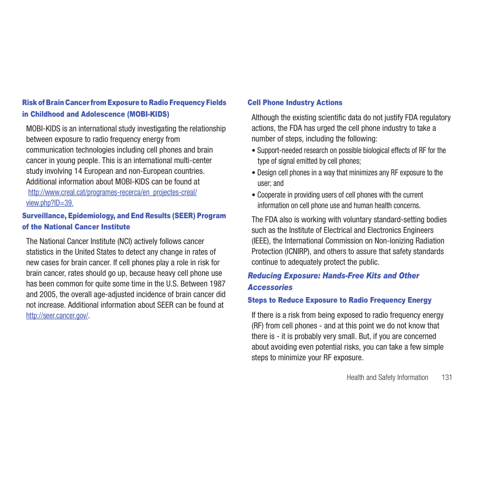 Cell phone industry actions, Steps to reduce exposure to radio frequency energy | Samsung SCH-R915ZKACRI User Manual | Page 135 / 165